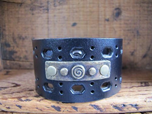 Upcycled Black Leather Cuff Bracelet Riveted with Spiral Medallion