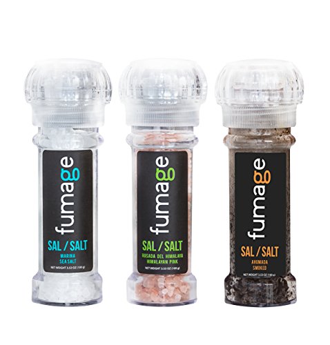 Fumage Flavored Gourmet Salt with Reusable Built-In Grinder – 3 Pack (Sea/Himalayan/Smoked)