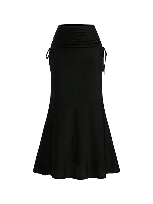 GORGLITTER Women's High Waist Ruched Long Bodycon Skirt Drawstring Fishtail Maxi Skirts Black S
