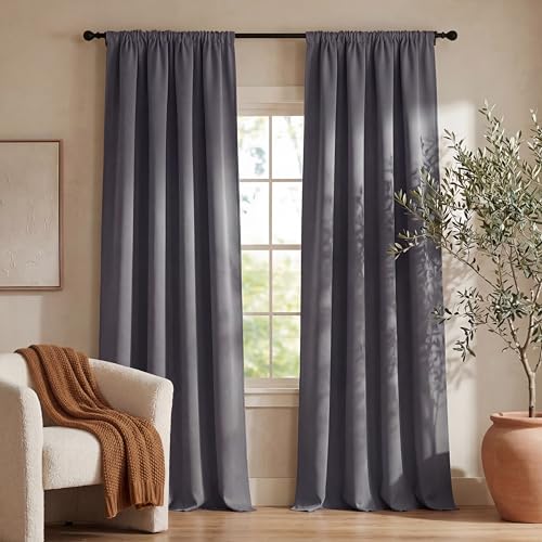 PONY DANCE 90% Blackout Curtains with Ruffle Tape for Rail, Set of 2, H 245 x W 140 cm, Thermal Curtain Against Heat, Bedroom Curtains and Curtains, Grey Opaque Curtains for Living Room