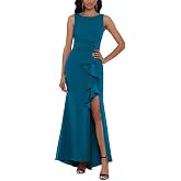 Betsy &amp; Adam Women's Floor Length Metallic Crinkle Knit Sleeveless High Neck Ruched Column Evening Gown