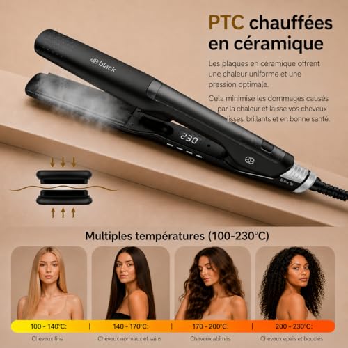 Golden Goods Pro Black Hair Straightener, Powerful Steam Straightener, Curling Iron 10 Temperature Settings up to 230ºC, All Hair Types Ceramic and Ionic, Hair Straightener