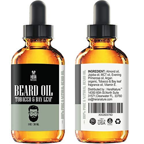 Hera Nature Beard Oil Conditioner for Men - Tobacco & Bay Leaf, Natural Ingredients, Keeps Beard and Mustache Full, Reduce Itchy, Promote Healthy Growth, Soft and Healthy, Vegan and Cruelty Free.