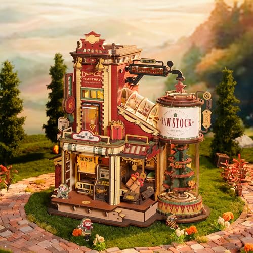 ROBOTIME 3D Holzpuzzle Geschenkfabrik Bausatz – Mechanisches Modell mit Musik & LED Licht, Retro Vintage Bastelset für Erwachsene & Jugendliche, EAB01
