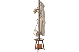 BMOSU Coat Rack freestanding Stand with 2 Shelves Bamboo Wooden Coat Tree Easy Assembly 8 Hooks Standing Jackets Hanger Hallway Office Floor Coat Stand Brown