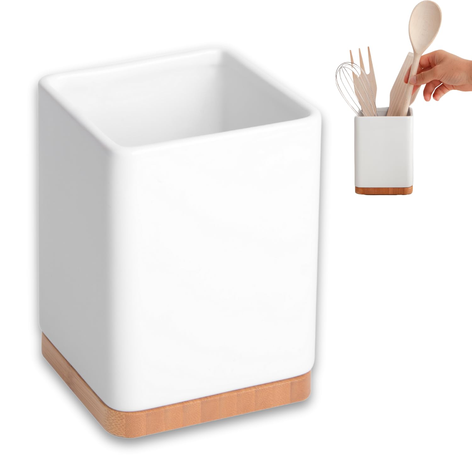 KOOK TIME Ceramic Utensil Holder with Bamboo Base | Square Kitchen Utensil Pot for Ladles, Spatulas and Cutlery | Shiny White, 10.5 x 10.5 x 15 cm