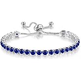 HAIFERJIE Paris Jewelry Copper-Plated White Gold 4MM Created Blue Sapphire Round Adjustable Tennis Plated Bracelet