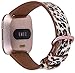JSGJMY Compatible with Fitbit Versa/Versa 2 /Versa Lite/Versa SE Bands Women Genuine Leather Replacement Strap for Versa Fitness Smart Watch (Leopard+Rose Gold Buckle,Small Size)