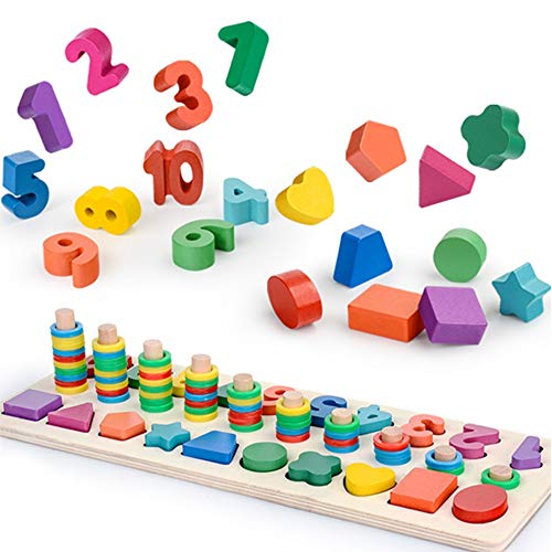NEEDOON Wooden Blocks Puzzle Board Set, Kids Educational Toys for Number Counting, Colors Stacking and Shape Sorting