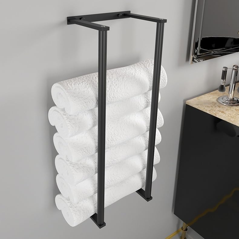 Bath Towel Rack Organizer, Stainless Steel Wall Mounted Organizer for Rolling Towels, Perfect for Keeping the Bathroom Clean and Orderly (Black)