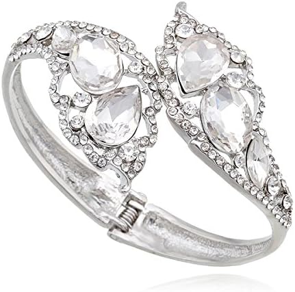Kaymen Jewelry Full Rhinestone Leaf Oval Crystal Hollow Out Cuff Bangles Bracelets for Women 3 Colors (Grey)