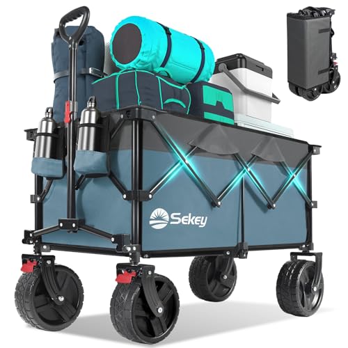Sekey 220L Wagons Carts Foldable with Big All-Terrian Beach Wheels, Collapsible Heavy DutyWagon with Cup Holders, Extra Large Folding Wagon,Foldable Wagon for Camping, Garden, Sports.Blue&Gray