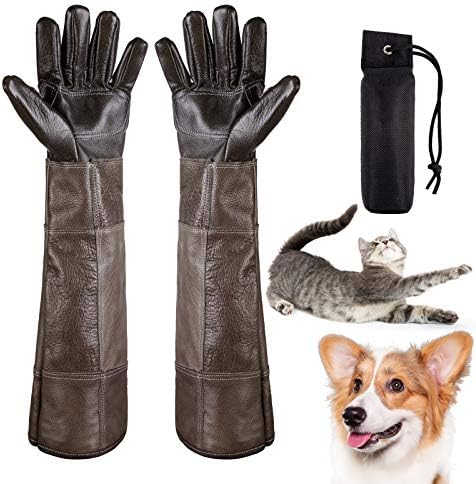 犬猫ペット用抗咬傷牛革手袋 バイトスティック 訓練用具 安全厚手 腕カバー手保護抗噛む手袋 引っかき対策 噛み付き防止 リス ハムスター 鷹の爪 爬虫類から手を守る ペットセーフティガードグローブ 男女兼用 ロングタイプ 60cm