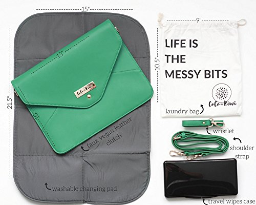 Diaper Changing Clutch - Cushioned Pad + Wipes Case + Drawstring bag in Emerald