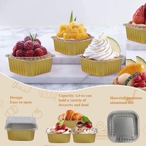 BAKINGPAK Aluminum Pans With Lids, 50PCS 5OZ Individual Square Cake Pans  with Lids Disposable Foil Baking Cups