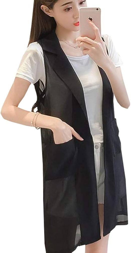 Amazon Yunhen シフォン ベスト レディース ゆったり ロングジレ 無地 カジュアル サマーベスト 黒通勤 薄手 夏服 チョッキ おしゃれ ベスト 通販