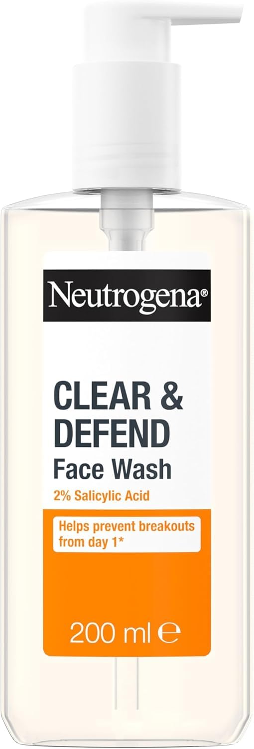 Neutrogena Clear & Defend Face Wash (1x 200ml), Oil-Free Facial Cleanser for Spot-Prone Skin, Facial Wash with Purifying 2% Salicylic Acid to Help Prevent Breakouts for Smoother, Clearer Skin