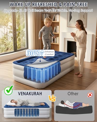 VENAKURAH Air Mattress 1 Person 197 x 97 x 46 cm, Air Bed Self-Inflating in 3 Minutes, Inflatable Mattress with Integrated Electric Pump, Inflatable Guest Mattress for Home and Camping