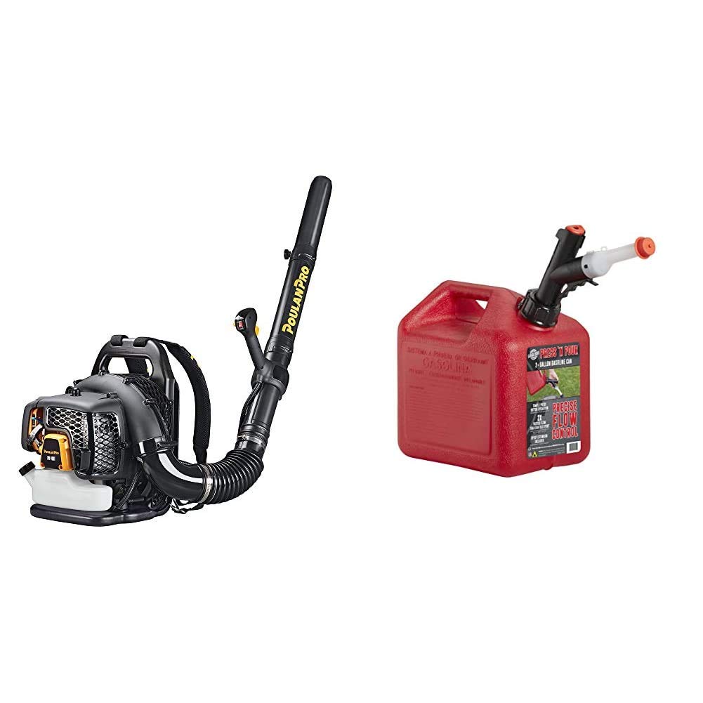 Poulan Pro PR48BT, 48cc 2-Cycle Gas 475 CFM 200 MPH Backpack Leaf Blower & Garage BOSS GB320 Briggs and Stratton Press 'N Pour Gas Can, 2+ Gallon, Red