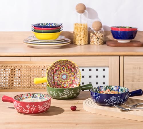 Henten Home Soup Bowl with Handle, Cereal Bowls, Ceramic Cereal/Soup Pot - 750ml, French Onion Soup Bowls, Microwave and Oven Bowl - Bohemian Style