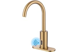 Automatic Touchless Bathroom Sink Faucet, WOWOW Motion Automatic Sensor Bathroom Faucet with Deck Plate, 1 or 3 Holes Motion Sensor Vanity Tap Hands Free Temperature Mixer, Brushed Gold