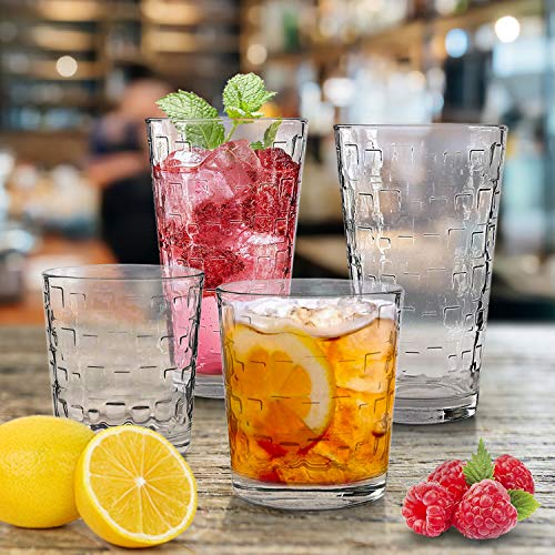 Emenest Clear Drinking Glasses (Set of 12) | Real Glassware with Heavy Base | 6 Highball and 6 Double Old Fashioned Drinkware | Mixed Tumbler Set For Water, Whiskey, Cocktails | Best Kitchen Gift