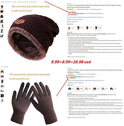HINDAWI Winter Slouchy Beanie Gloves for Women Knit Warm Hats Skull Caps Touch Screen Mittens Burgundy