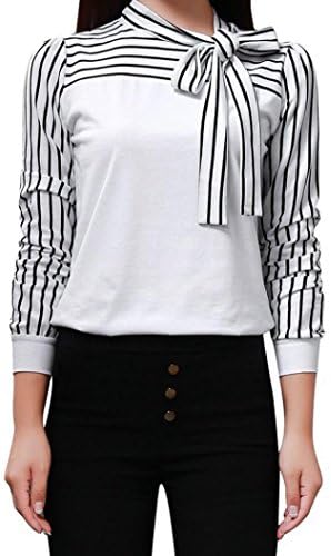 Women Shirt,kaifongfu Women Tie-Bow Neck Striped Tops Long Sleeve Splicing Shirt Blouse (S, White)
