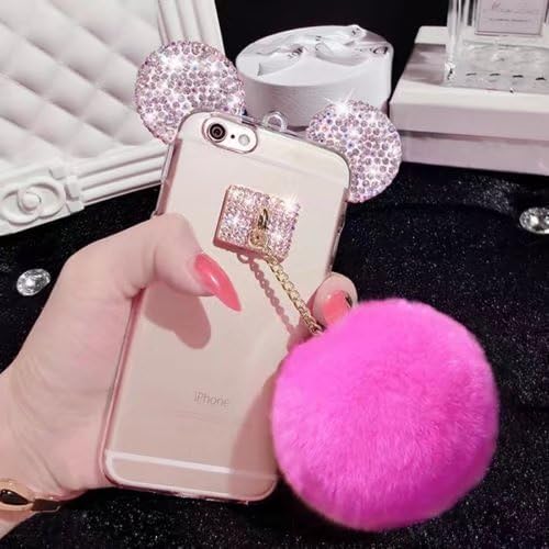 Samsung Galaxy J7 V / J7 2017 / J7 Prime / J7 Perx / J7 Sky Pro / Galaxy Halo Cartoon Cute Mouse Ears Bling Diamond Rhinestone Rabbit Fur Ball Soft TPU Case Cover