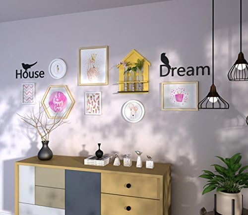Small Fresh Style Photo Wall +racks Combination,Living Room/bedroom Decorated Painting Creative Wall Hanging Solid Wood Frame,7 Picture Frame + Shelf+flower Tube+acrylic Bird Letters Wall Sticker (Without Ornaments) ( Color : Natural color+white )