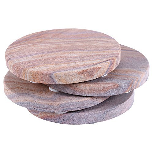 GoCraft Handcrafted Sandstone Coasters – Set of 4 Round Absorbent Stone Coasters – Natural Yellow Drink Coasters for Beverages, Wine, Coffee, and Bar Glasses – Table Protection