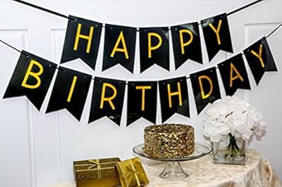 Black Happy Birthday Bunting Banner with Shimmering Gold Letters - Birthday Decorations - 21st - 30th - 40th - 50th Birthday Party Supplies