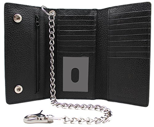 Cow Leather 212 Long Checkbook Tri-fold Steel Chain Wallet 17 slots Bikers,Motorcycle