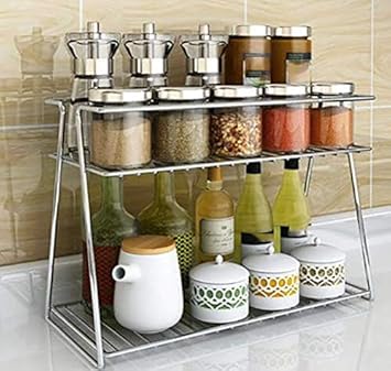 EverEx Stainless Steel Spice 2-Tier Trolley Container Organizer Organiser/Basket for Boxes Utensils Dishes Plates for Home (Multipurpose Kitchen Storage Shelf Shelves Holder Stand Rack)