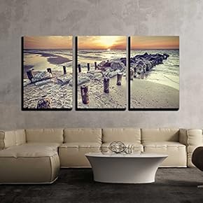 3 Piece Canvas Wall Art - Retro Vintage Style Beautiful Sunset Over Baltic Sea Coast, Miedzyzdroje in Poland. - Modern Home Art Stretched and Framed Ready to Hang - 16"x24"x3 Panels
