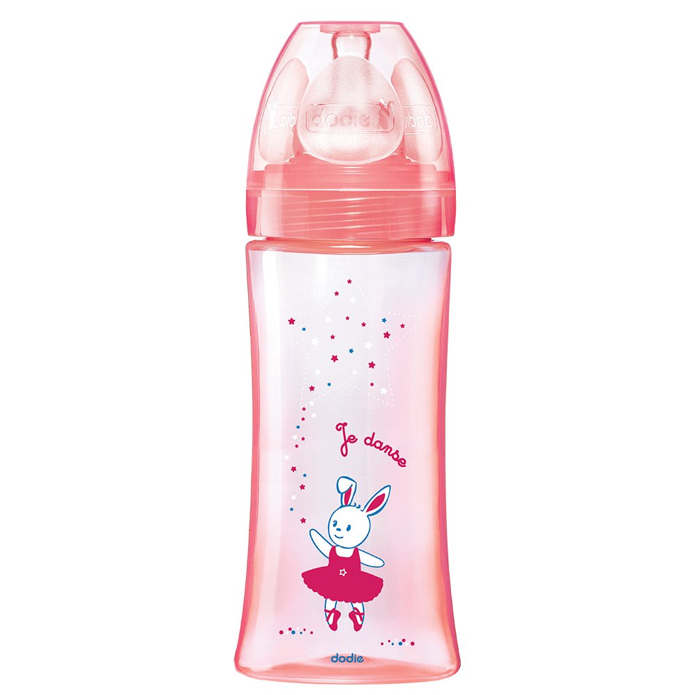 Dodie - Bottles + 330 ml Pink + 6 Months, Flat Teat Flow Rate 3.