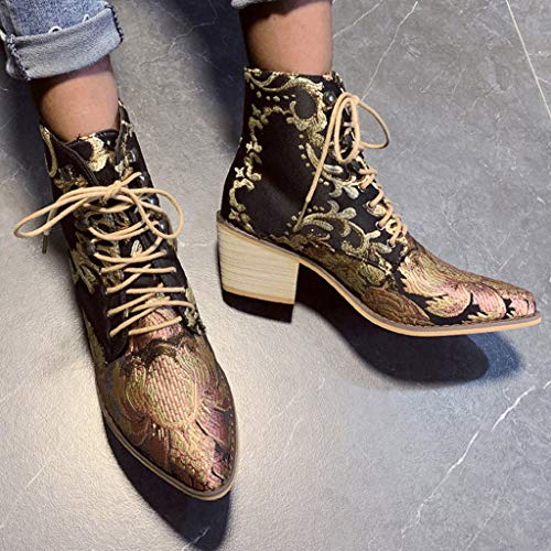 TnaIolral Women Suede Boots Square Heel Embroidery Boots Lace-Up Pointed Toe Shoes (US:8, Black)