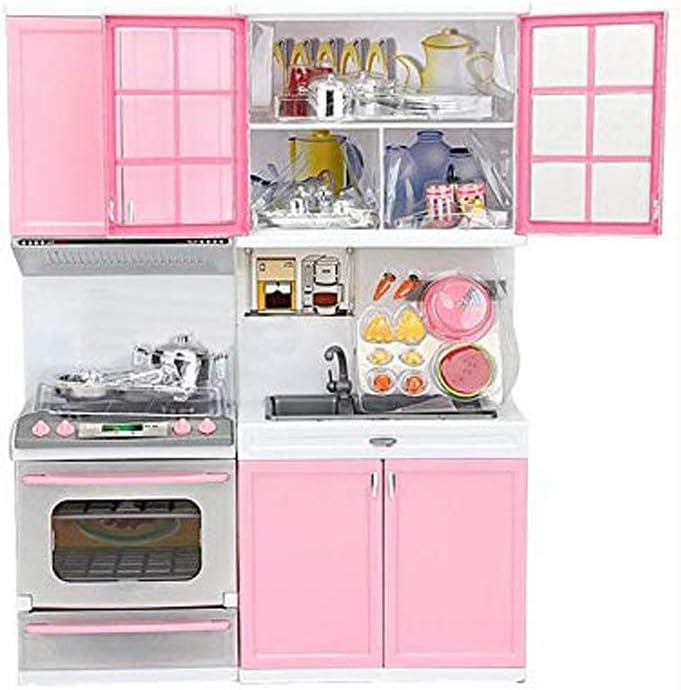 Wotryit Xmas Gift Mini Kids Kitchen Pretend Play Cooking Set Cabinet Stove Girls Toy:Game Birthday Party Presents Pink