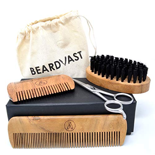 Beard Brush-Beard Combs(Mango Wood) Grooming Beard Kit for Men with Barber Scissors+2 Edge Handmade Comb+Long Comb+Brush w/Synthetic Bristles+Cotton Carry Pouch in a Gift Box