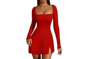 HYZ Women's Sexy Square Neck Long Sleeve Side Slit Flare Party Mini Dress