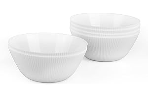 LaGlint 32OZ/887 ml Cereal Soup Bowl Set of 6, Opal Glass 7.2 inch/18.29 cm White Ribbed Bowls for Ramen, Noodle, Salad, Frui