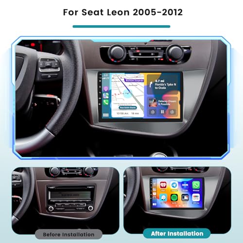 Roinvou 2+64G Android Car Radio for Seat Leon 2005-2012 with CarPlay Wireless Android Auto, 9 Inch Screen 2 DIN Radio MirrorLink with Wi-FI GPS Bluetooth EQ FM/RDS SWC Backup Camera