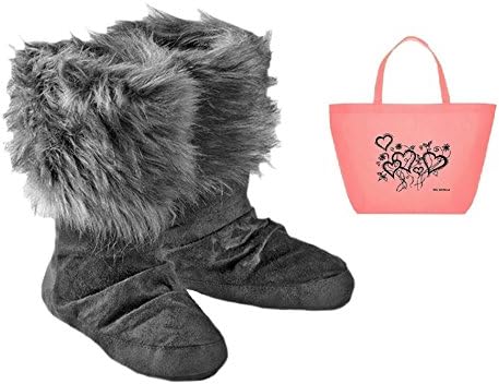 Candie's Womens' Juniors Fold-Over Faux-Fur Suede Slipper Booties & Tote Gift Set (Small 5/6, Black)