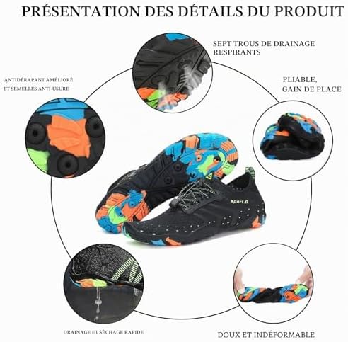 Chaussures Aquatiques Homme Femme Chaussure d'eau Respirant Chaussures de Plage Séchage Rapide Chaussures Mer pour Plongée Nautiques Baignade Riviere St.1 Noir GR. 42 EU