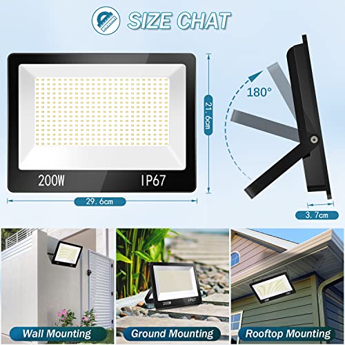 TASINUO 200W 2 Piece IP67 Waterproof LED Outdoor Spotlight with Transformer, 20000LM 7000K Cool White Security Lighting for Patio, Garden, Garage, Factory, Stadium