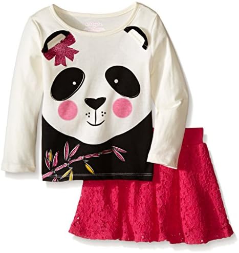 Kidtopia Little Girls' Toddler 2 Piece Set-Long Sleeve Panda 3D Top with Lace Skirt, Ivory, 4T
