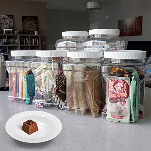 Kelkaa 64oz Clear PET Plastic Square Wide Mouth Jars with Grip Handle and White Ribbed Lined Caps, BPA Free, Multi-Use Empty Containers, Household Dried Food Canisters, Made in the USA (Pack of 4) - Thumbnail 5