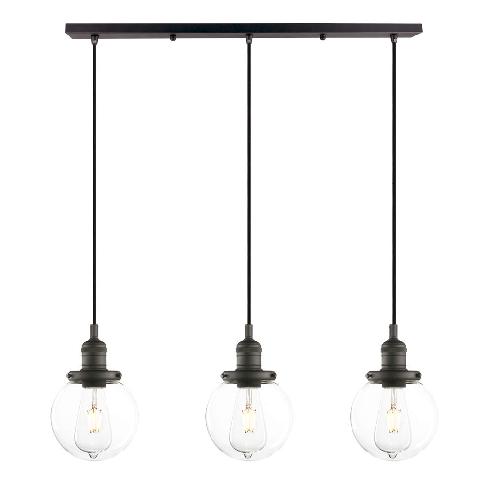 Phansthy Triple Pendant Light, 2m Adjustable Cord Wire Hanging Lamp Cluster Chandelier with Globe Clear Glass Shade, 3 Head Modern Ceiling Lights Fixtures for Kitchen Living Room (Black)