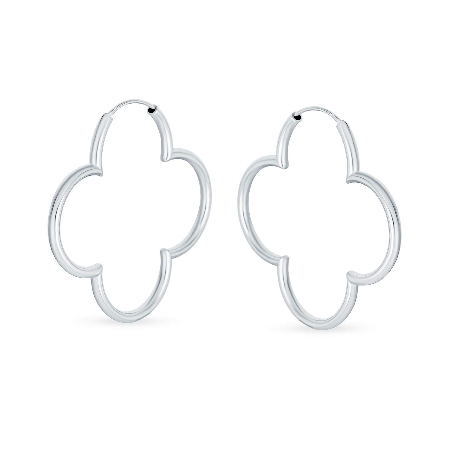 Simple Clover Flower Shaped Thin Tube Endless Hoop Earrings For Women Polished .925 Sterling Silver 1.5 In Diameter — image 1