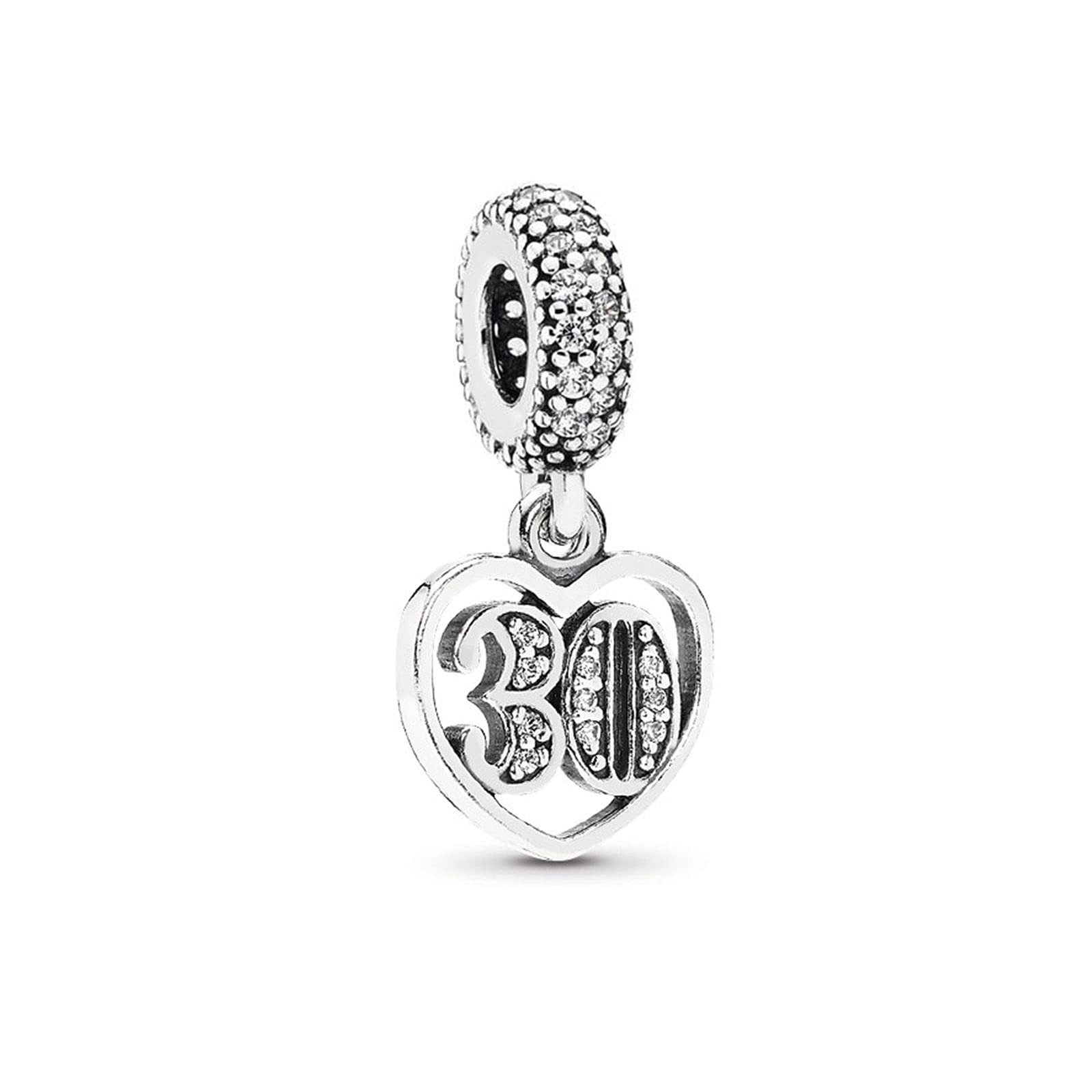 FGT 30 Birthday Celebration Number Heart Charm fits Pandora Charms Bracelets Gift for Women Granddaughter Sister Wife Daughter Sterling Silver